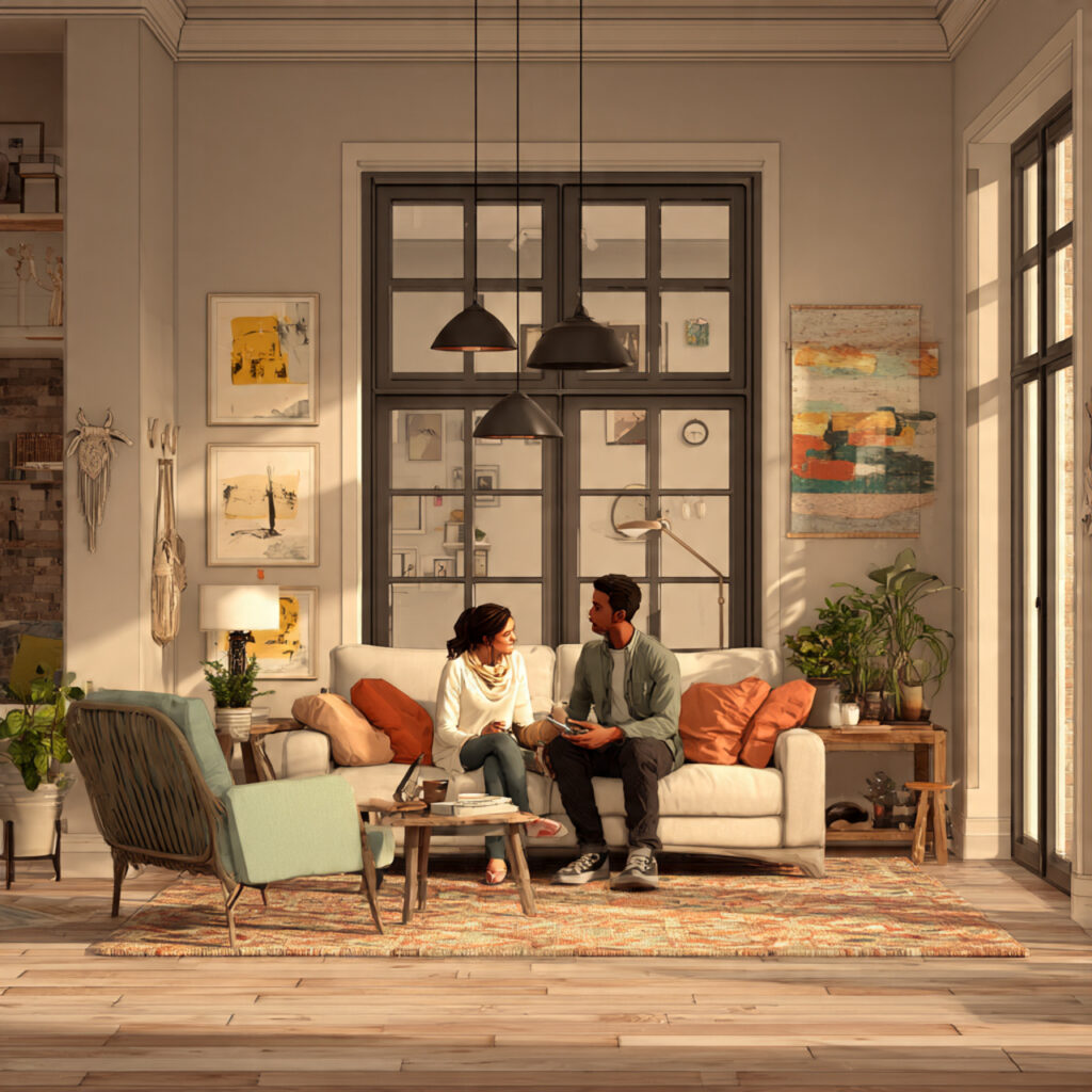 a couple calmly discussing wedding plans relaxed