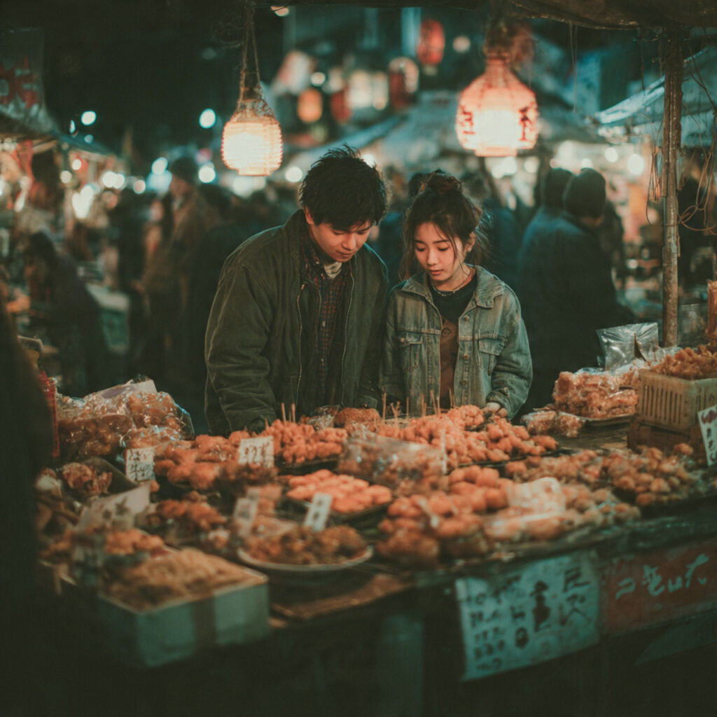 a couple exploring a lively street food