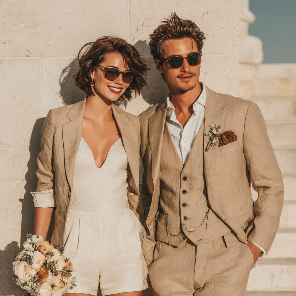 a couple in light summer wedding attire