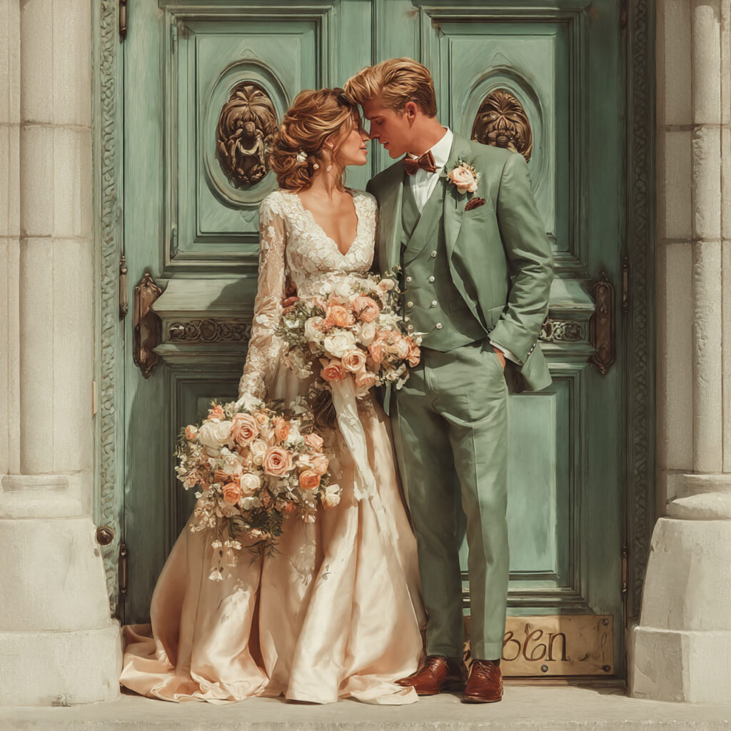 a couple in nontraditional wedding colors