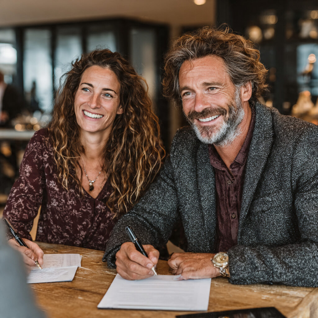 a couple meeting with a caterer and