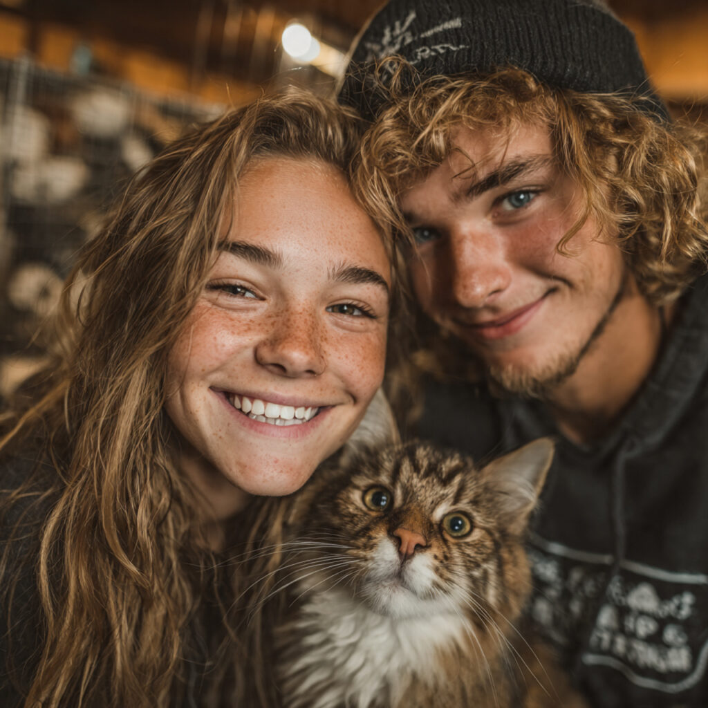 a couple petting dogs or cats at