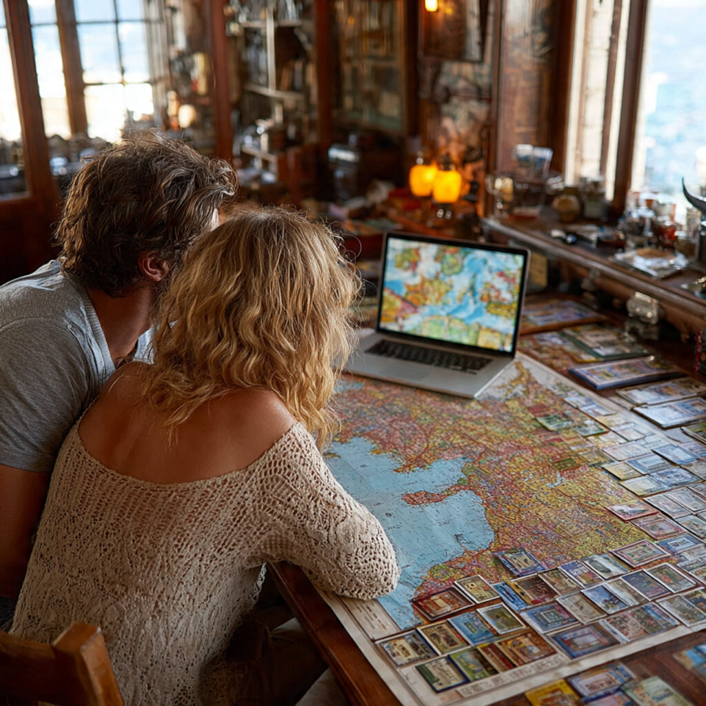 a couple planning a honeymoon on laptop