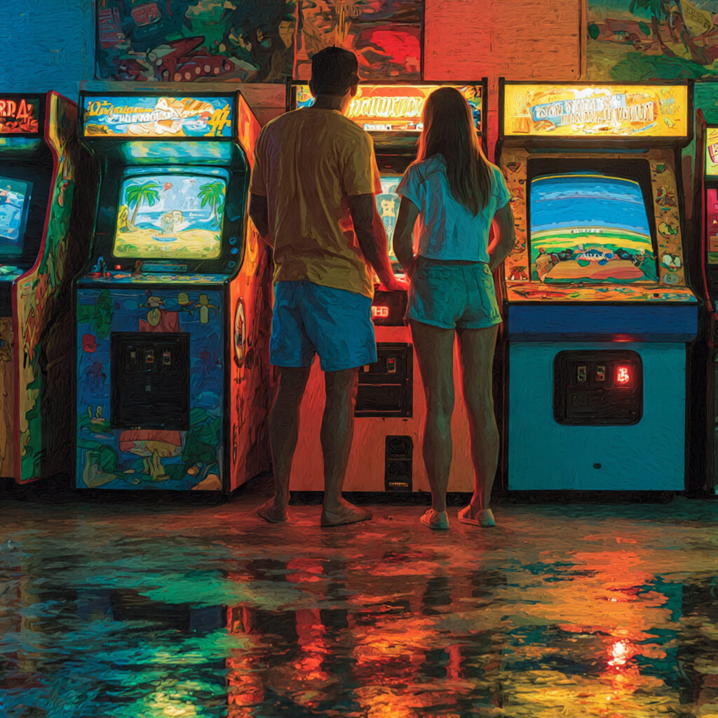 a couple playing arcade games neon lights