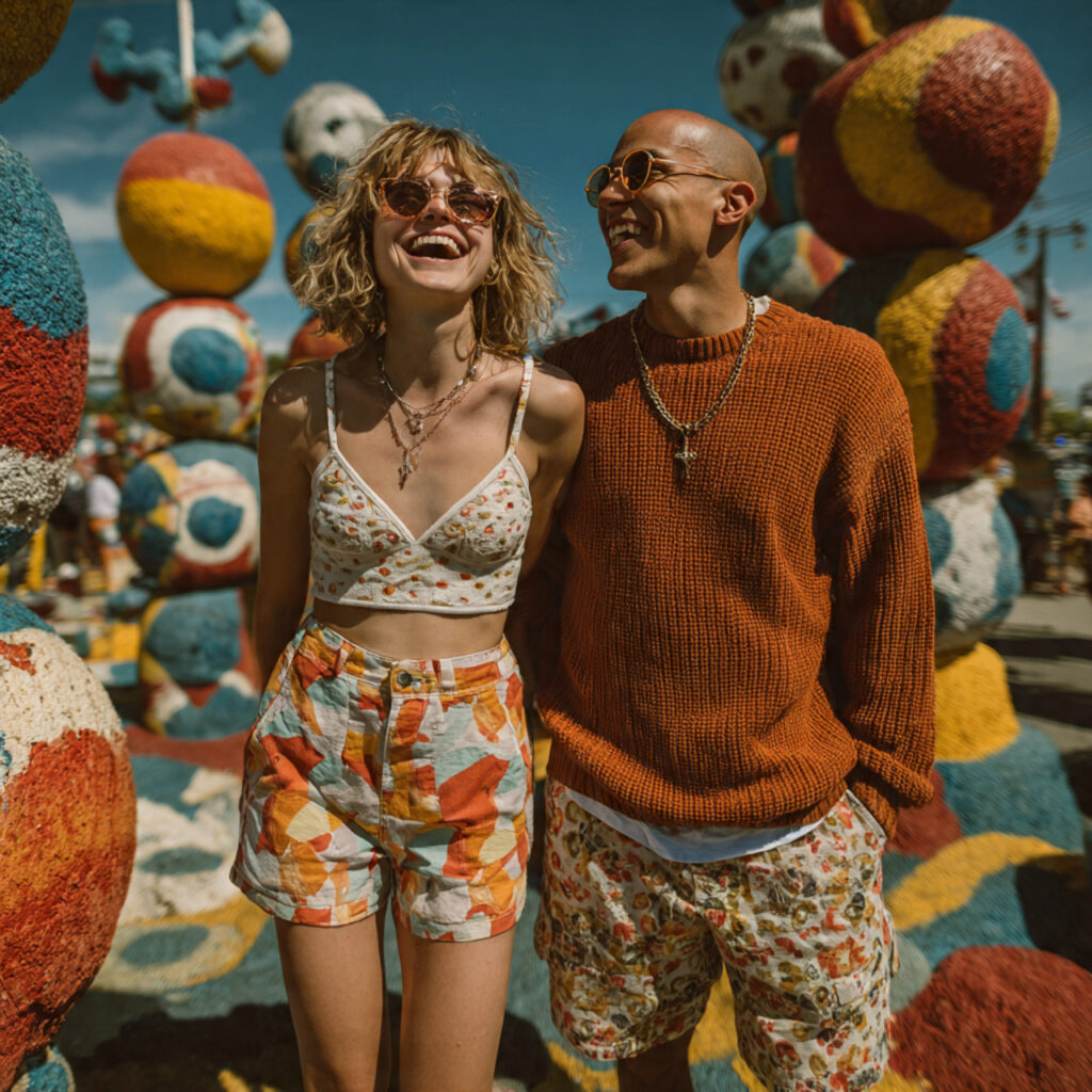 a couple playing mini golf outdoors laughing