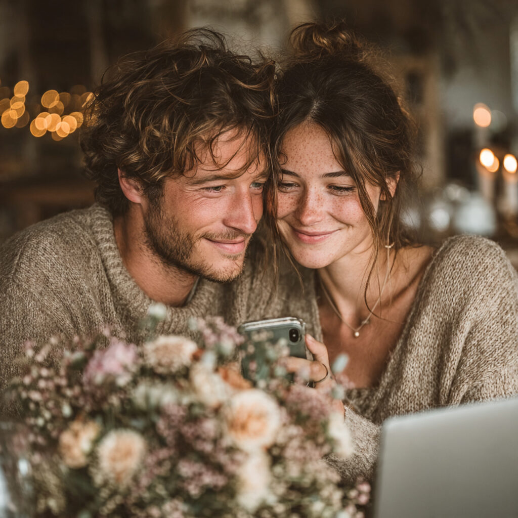 a couple recording a video message on