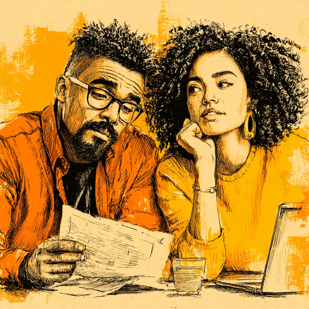 a couple reviewing a wedding guest list