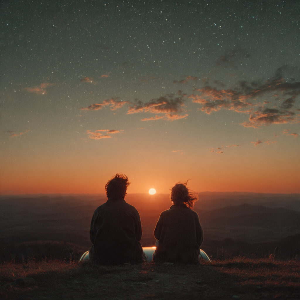 a couple sitting on the hood of