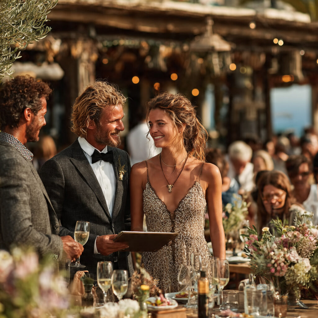 a couple speaking with a vendor at