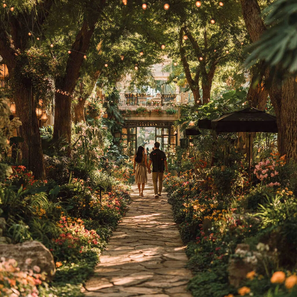 a couple strolling through a lush botanical