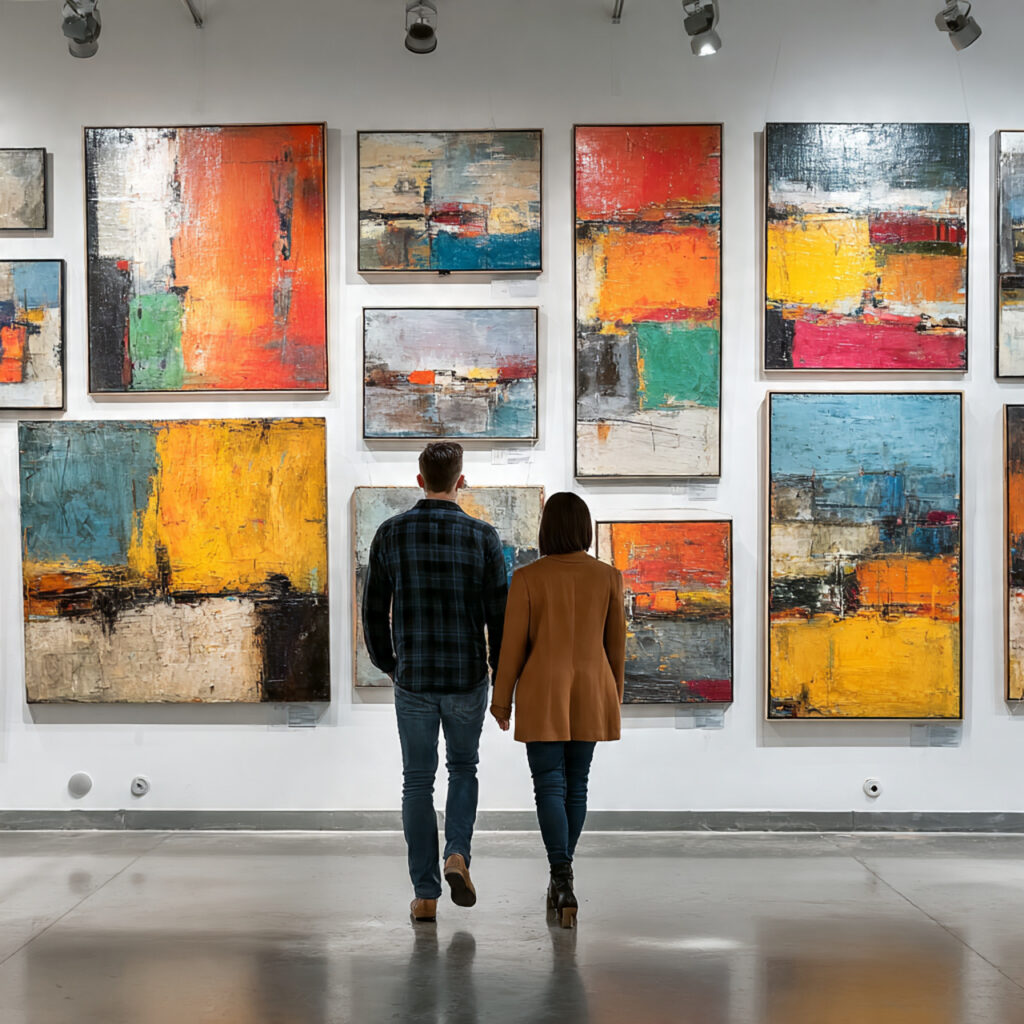 a couple walking through a modern art