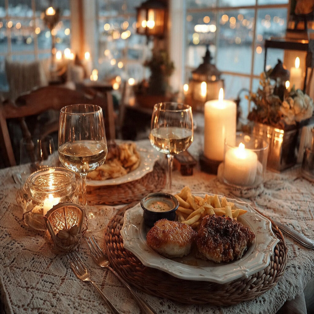 a cozy candlelit dinner table set for