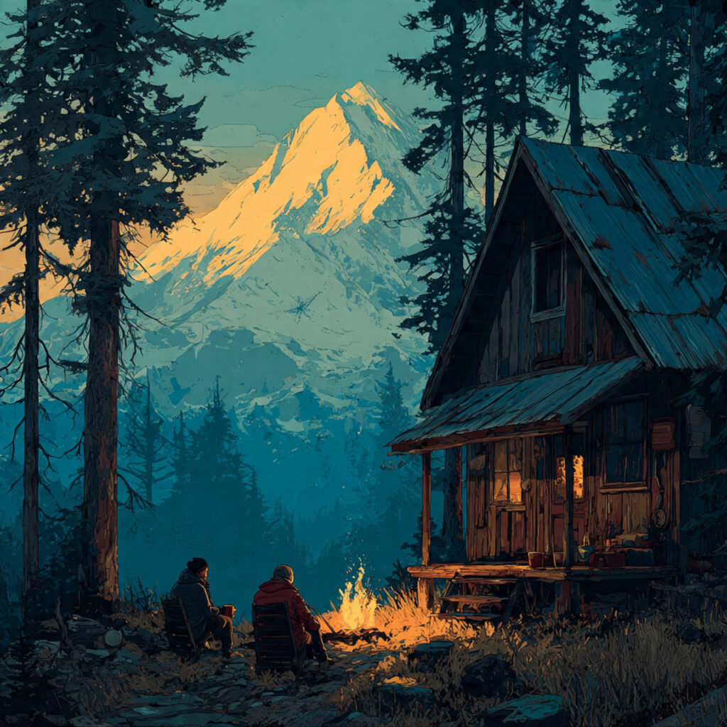 a cozy wooden cabin surrounded by pine