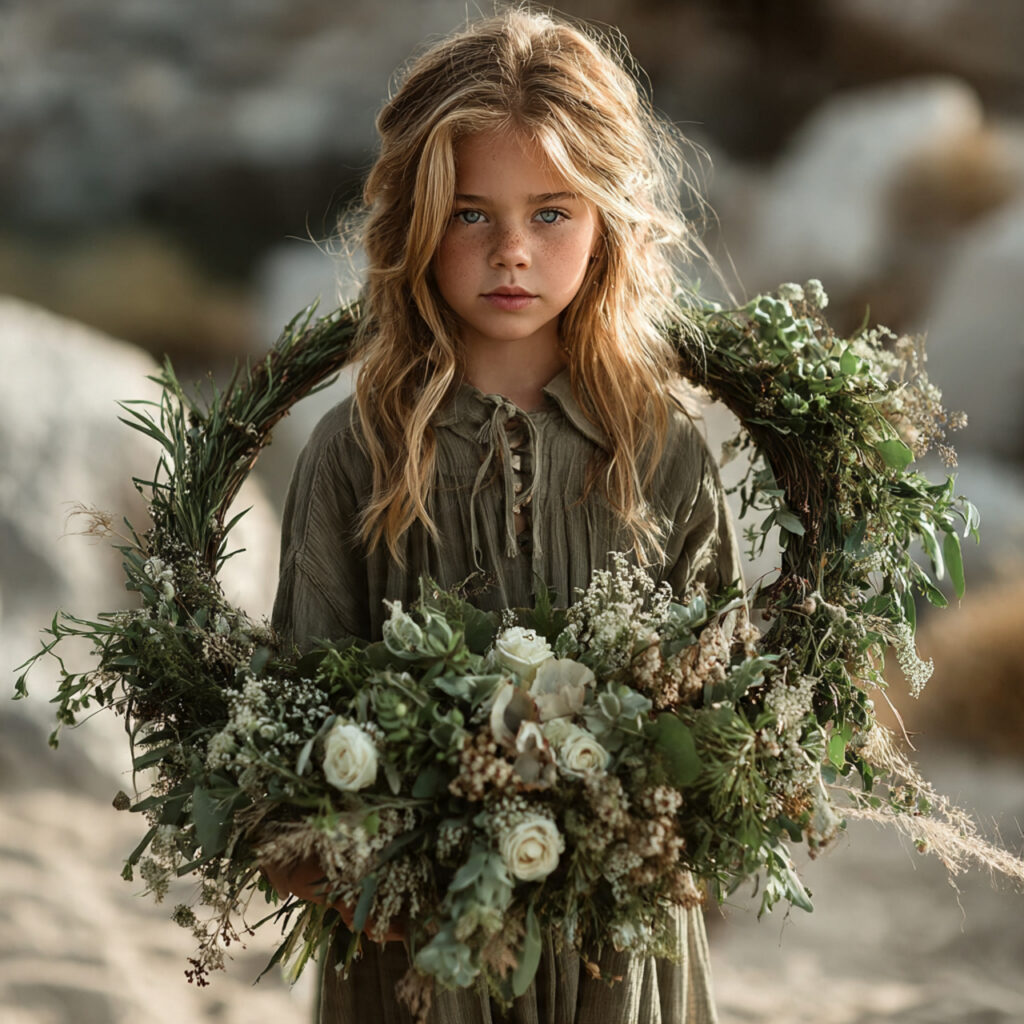 a flower girl carrying a large greenery