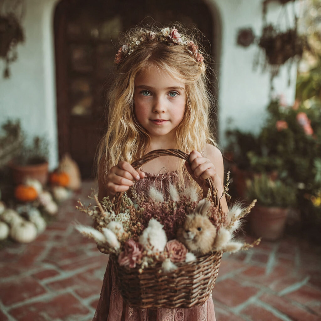 a flower girl carrying a vintage basket