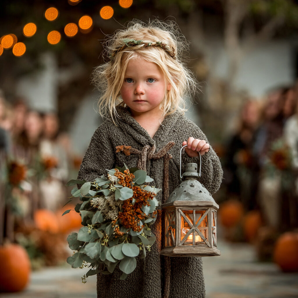 a flower girl holding a small battery lit
