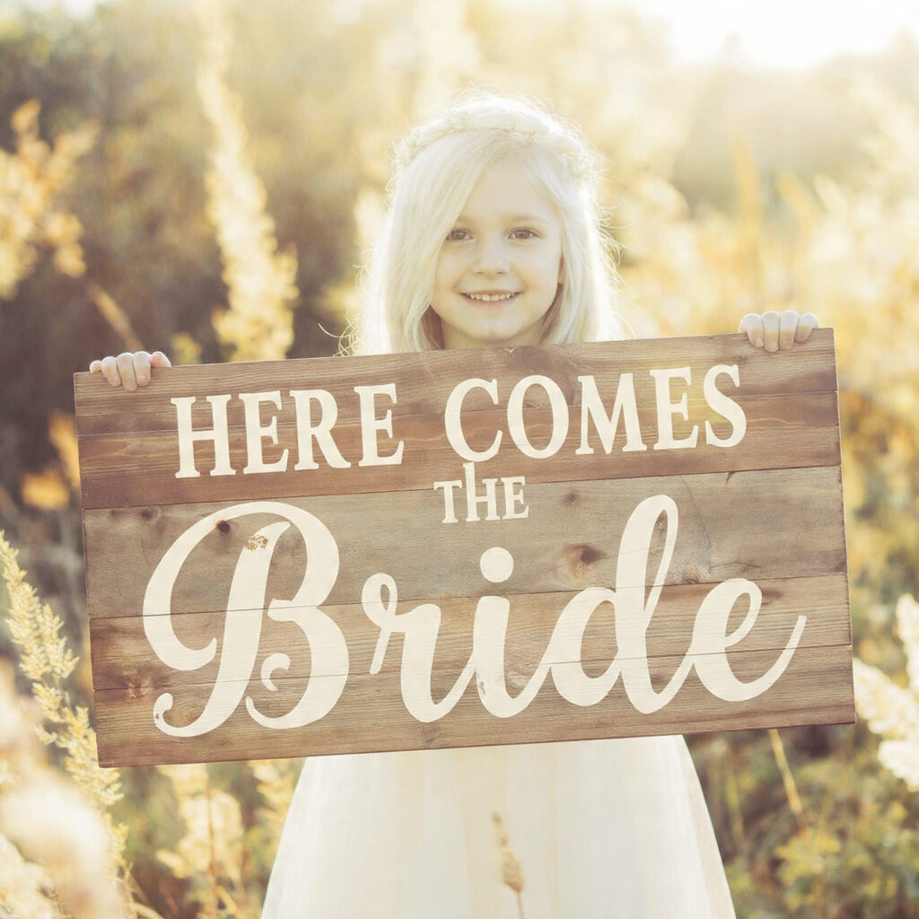 a flower girl holding a wooden sign