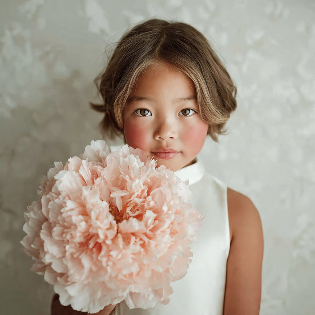 a flower girl holding one oversized flower