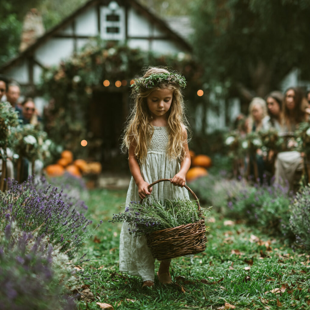a flower girl scattering fresh herbs like