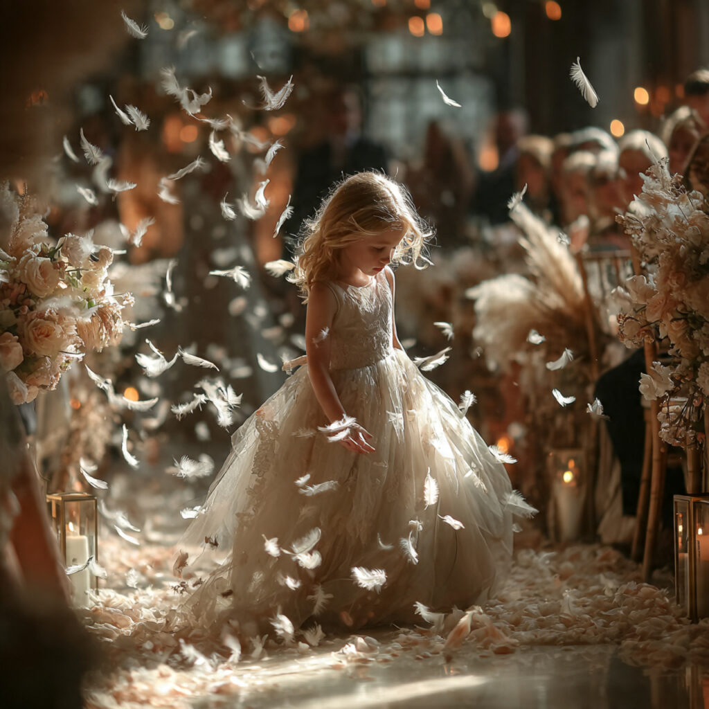 a flower girl scattering white and gold tipped