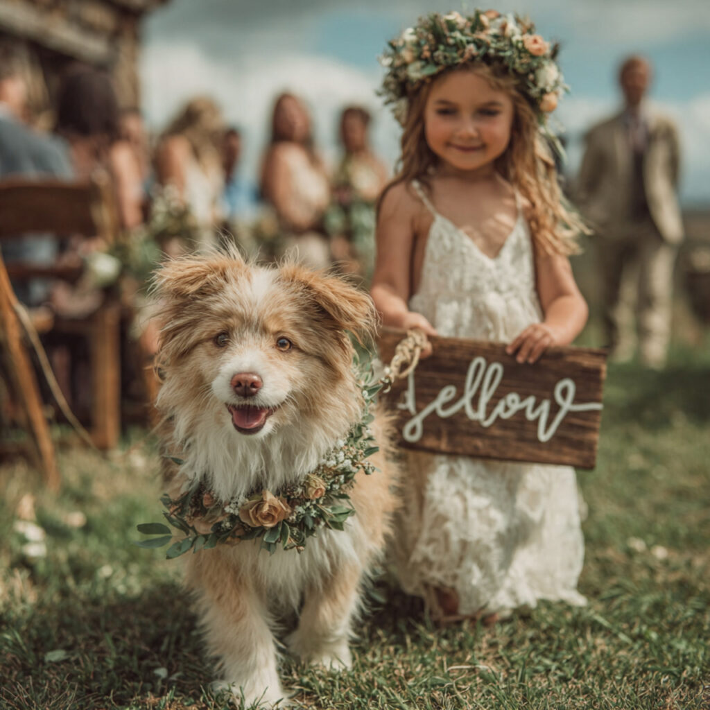 a flower girl walking a gentle wedding