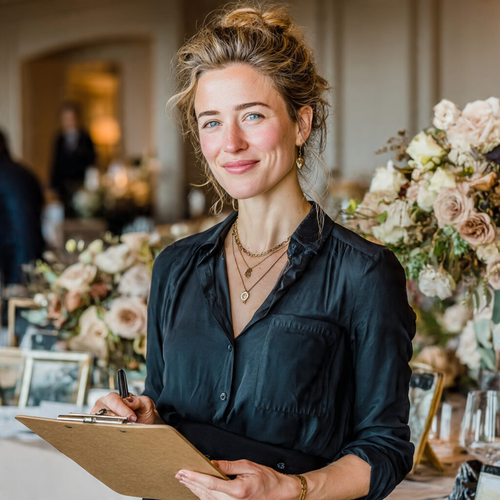 a focused wedding planner organizing schedules talking