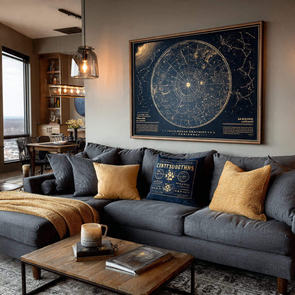 a framed night sky map showing constellations