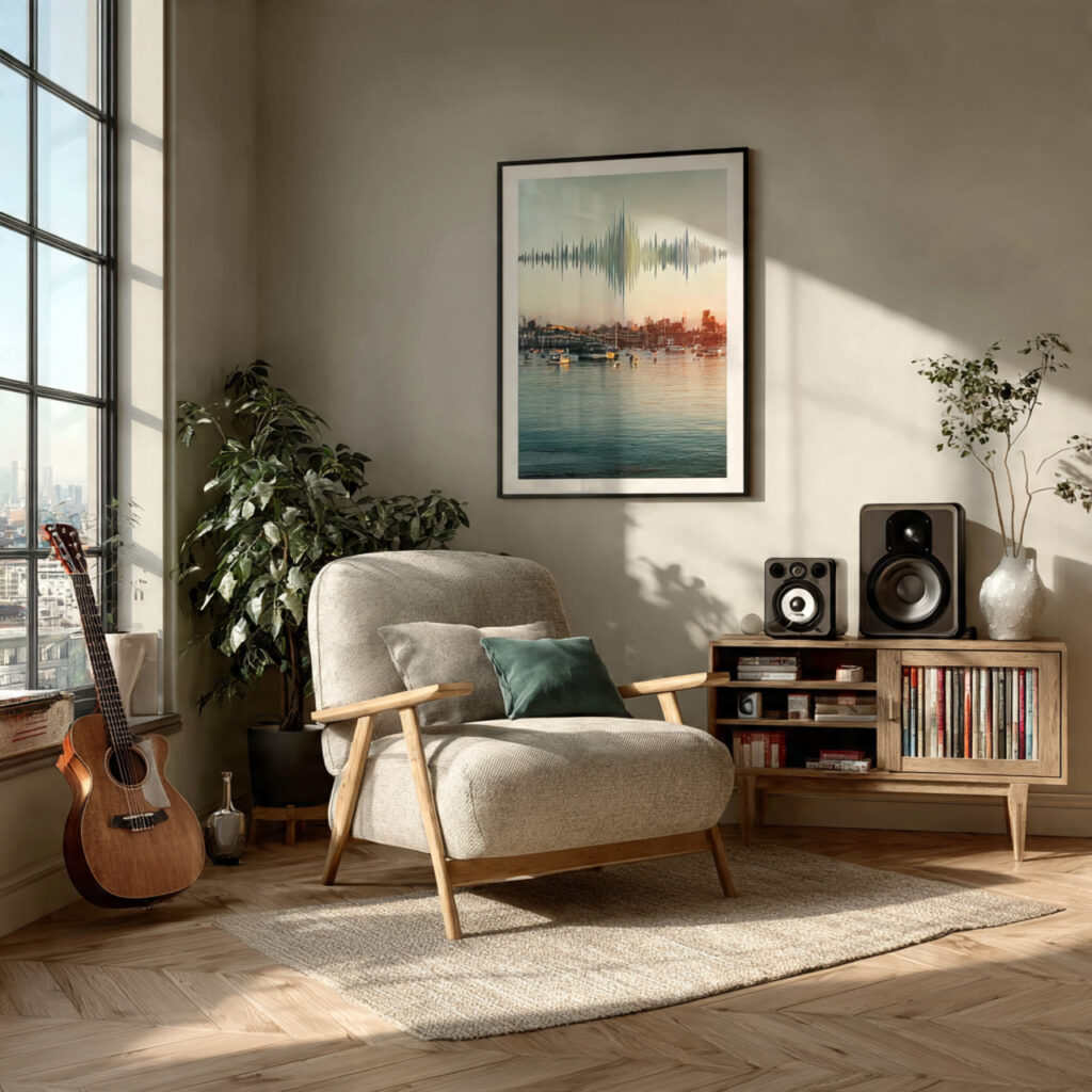 a framed soundwave art print hanging on