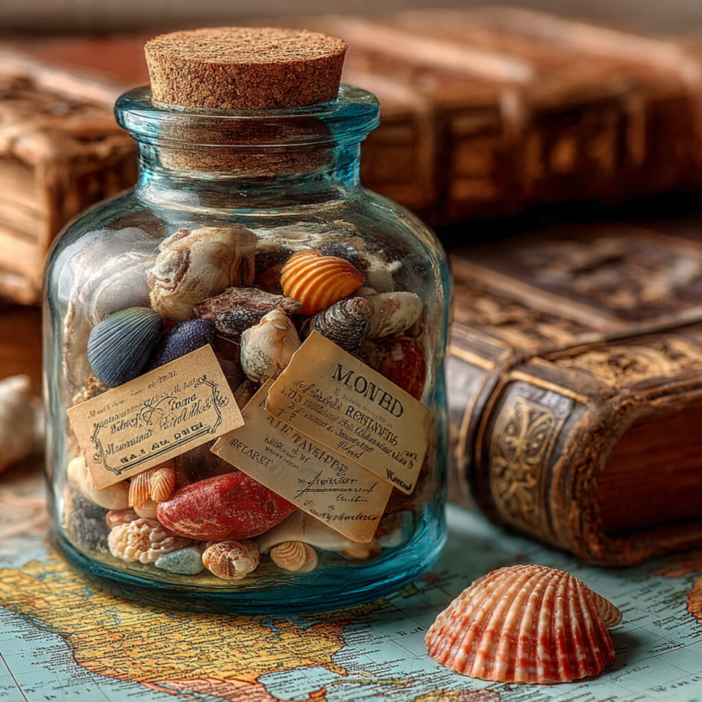 a glass jar filled with labeled travel