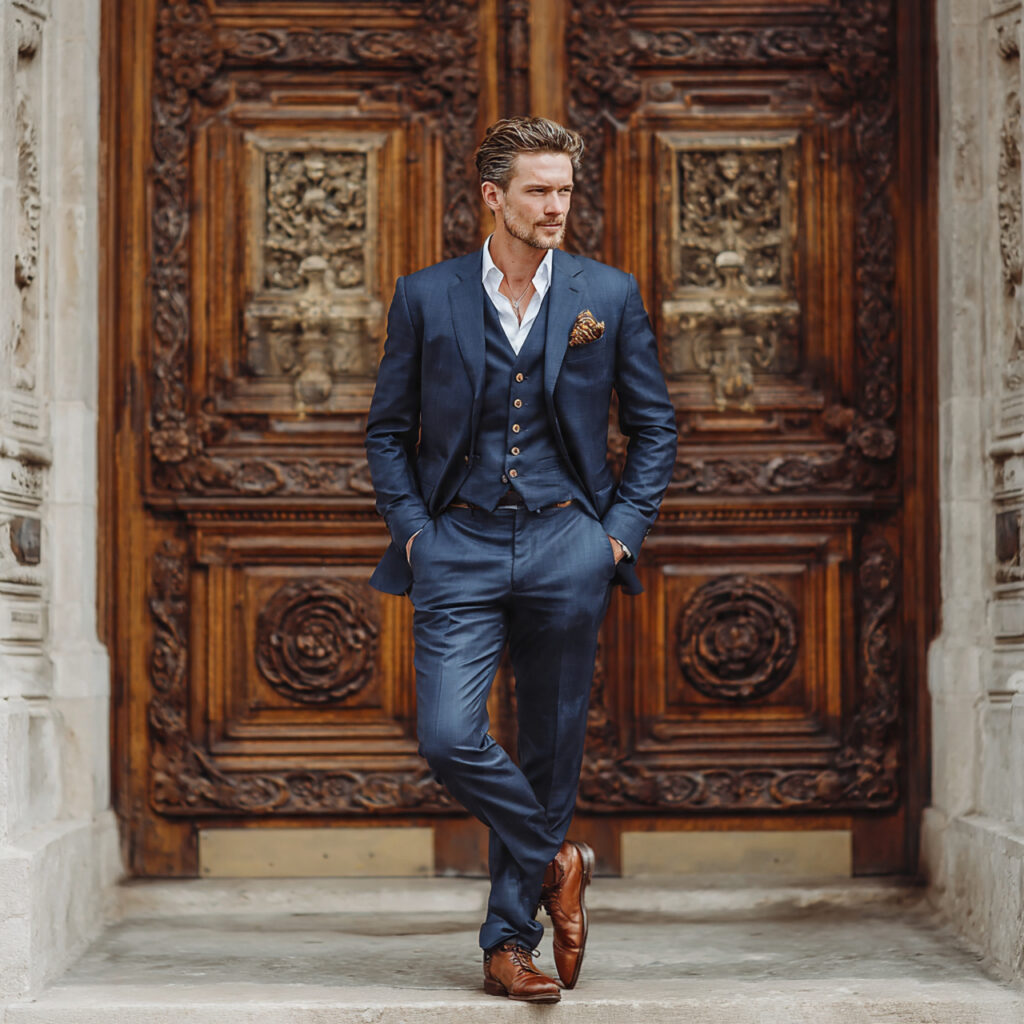 a groom in a perfectly fitted navy