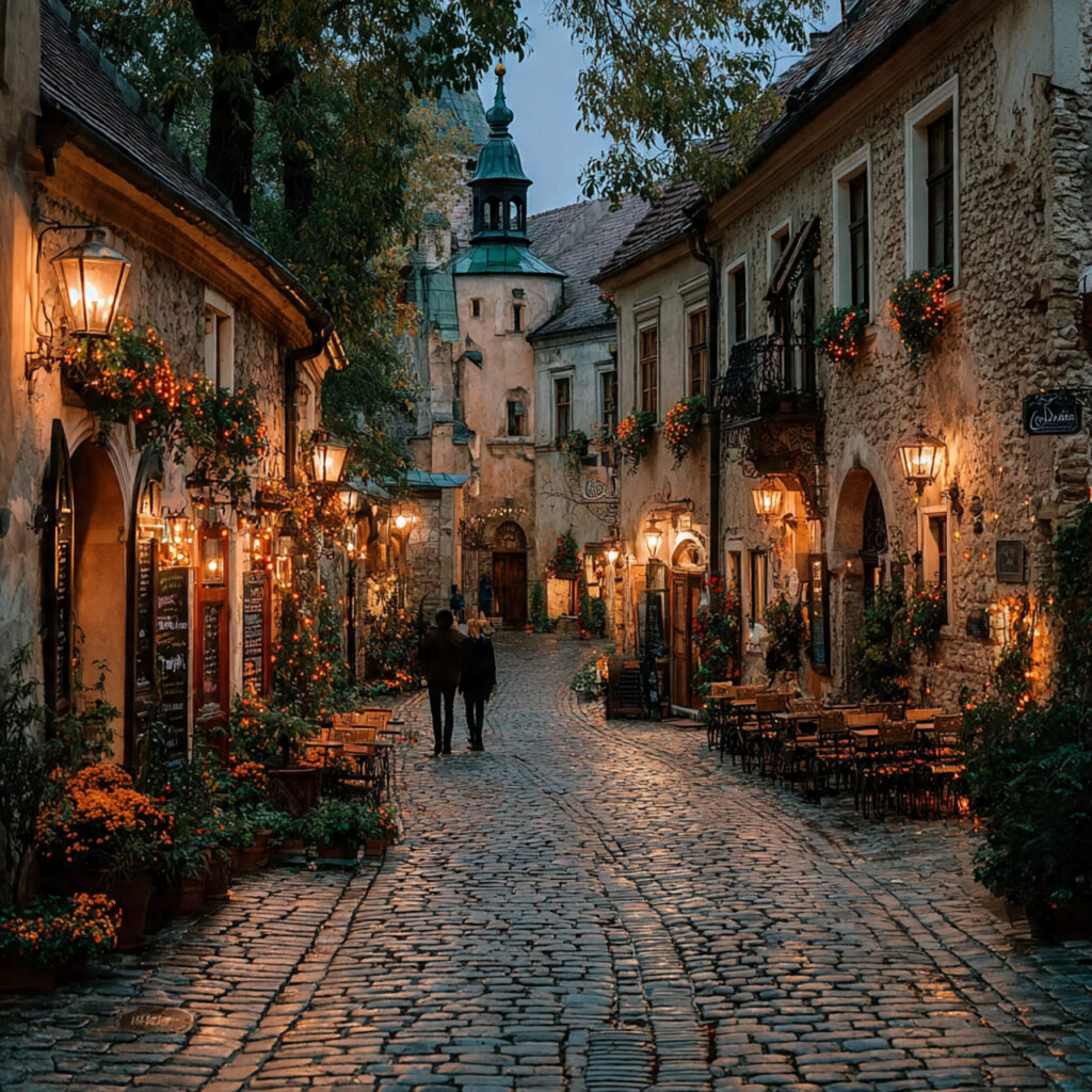 a lively european street at dusk with 1