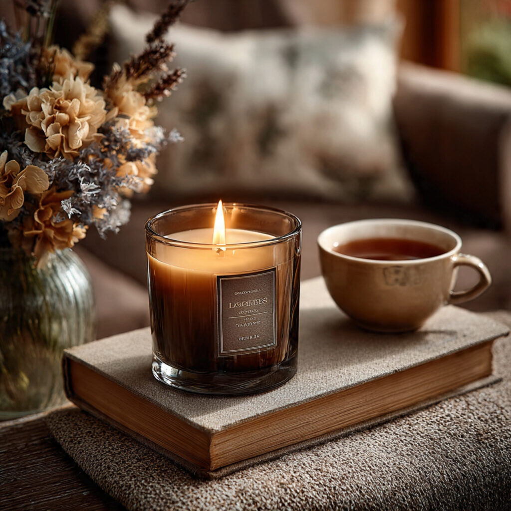 a luxury candle set burning softly on