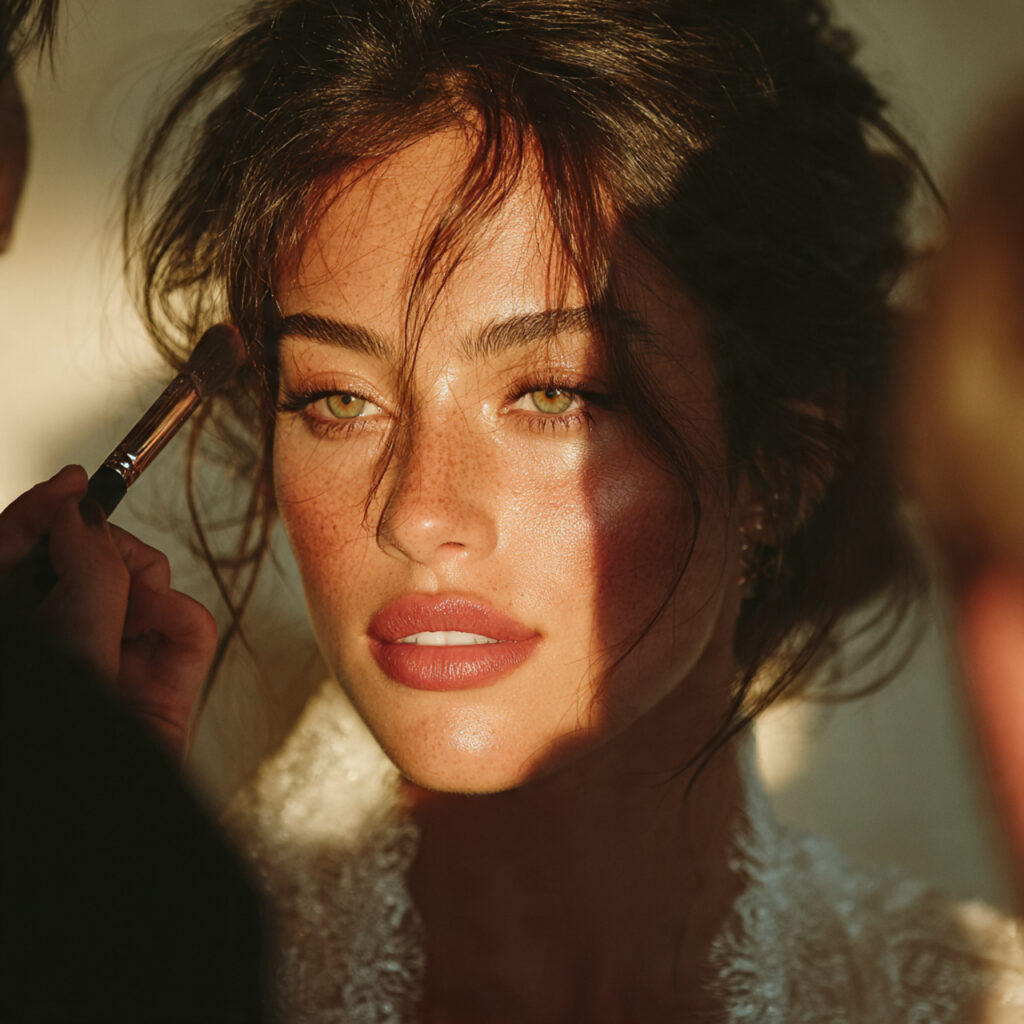 a makeup artist applying bridal makeup in