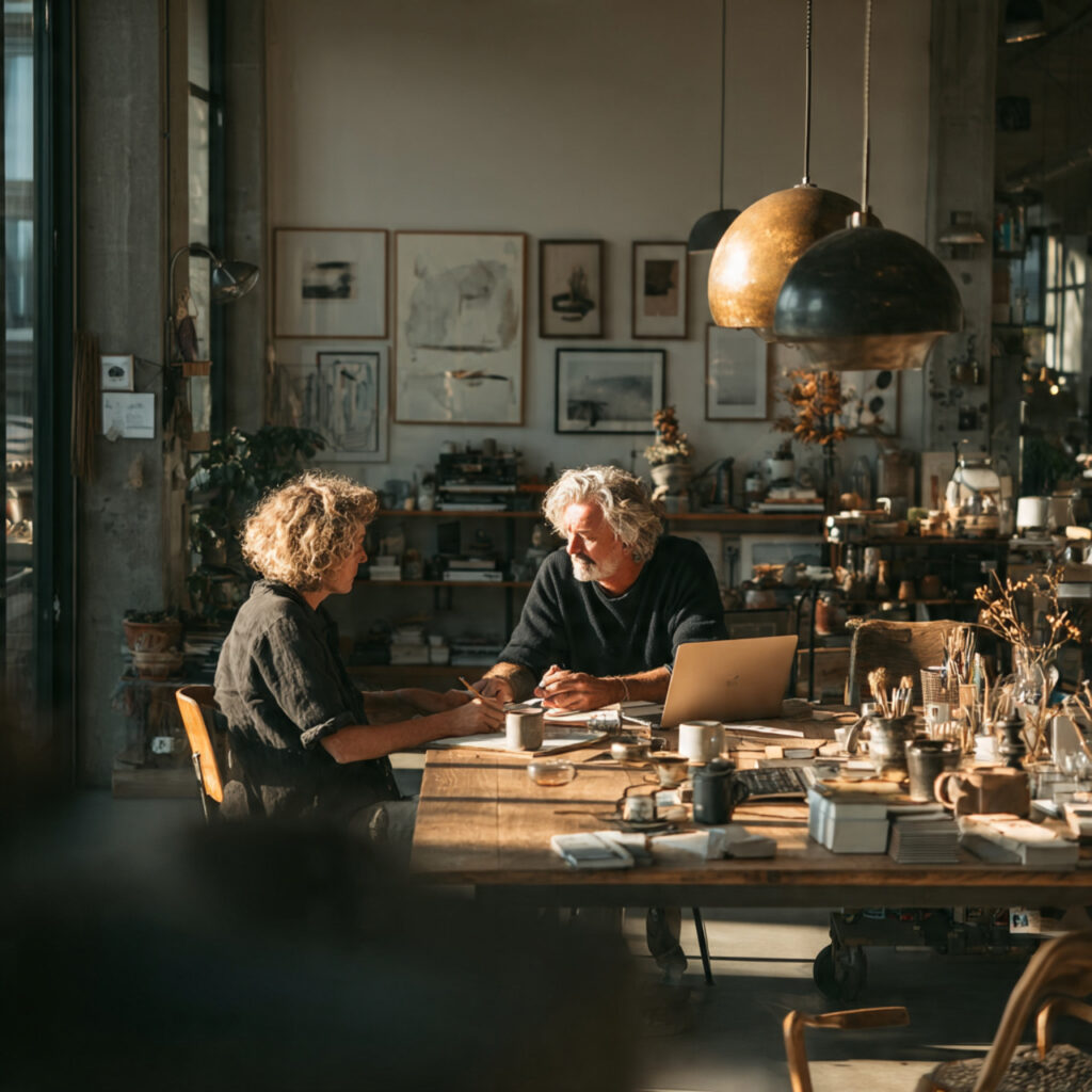 a minimalist workspace with a couple calculating