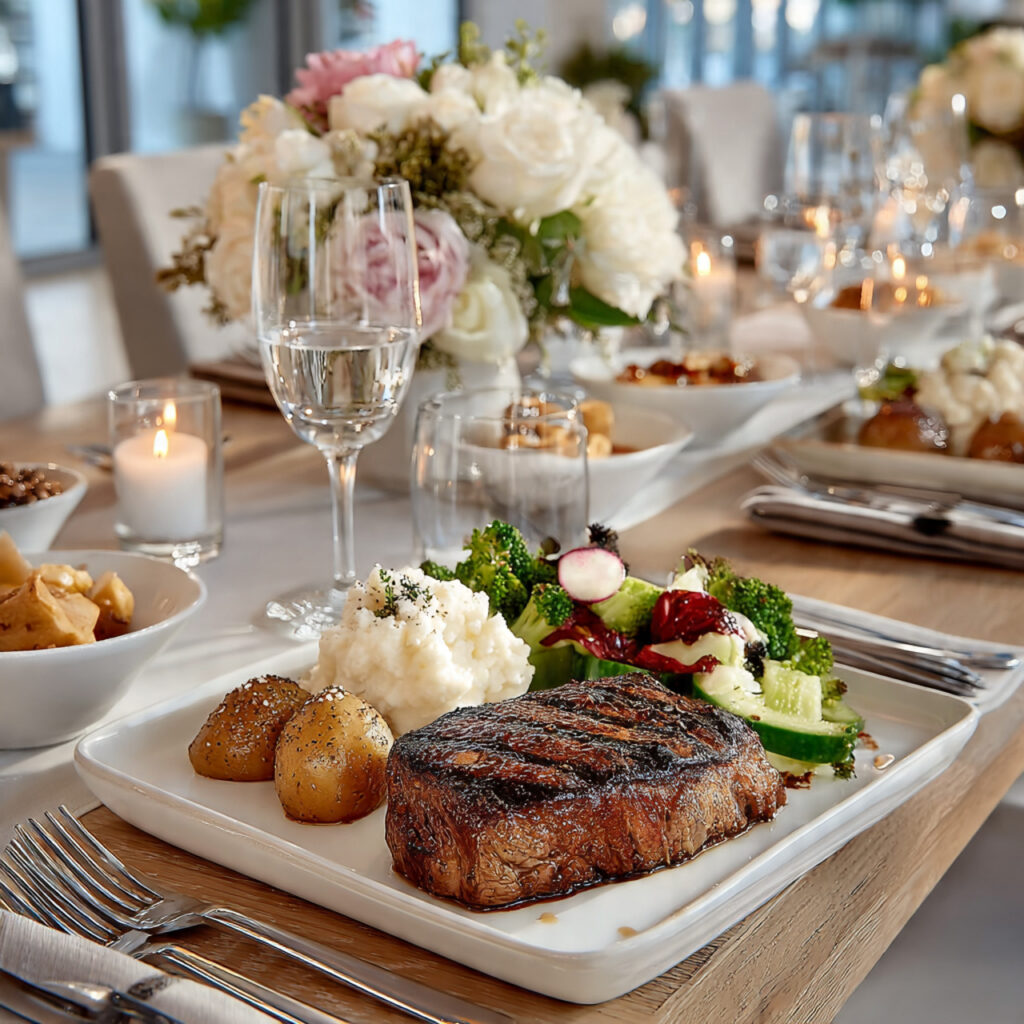 a minimalistic wedding catering setup with a