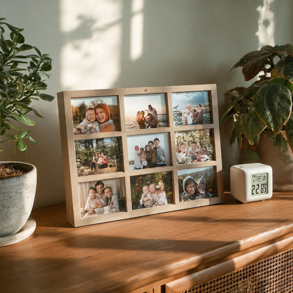 a modern digital photo frame displaying rotating