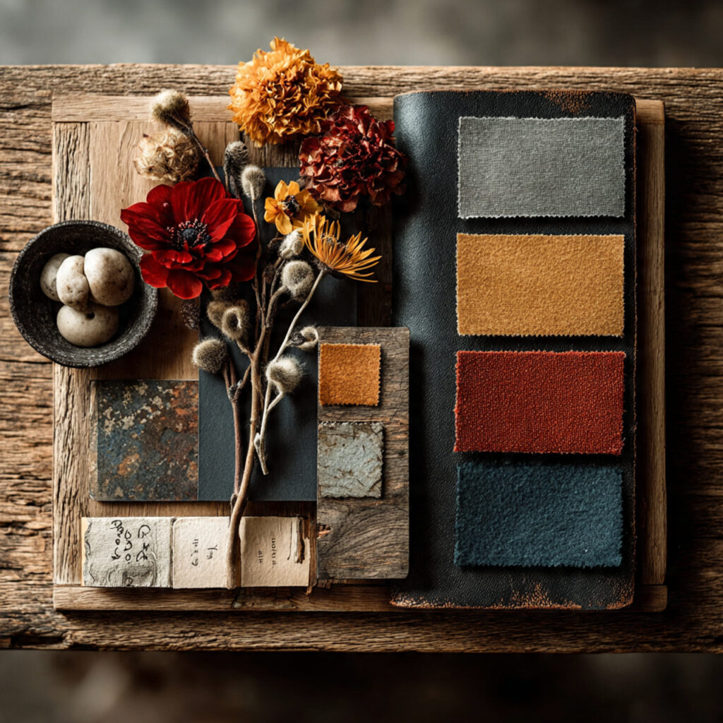 a mood board on a desk showing