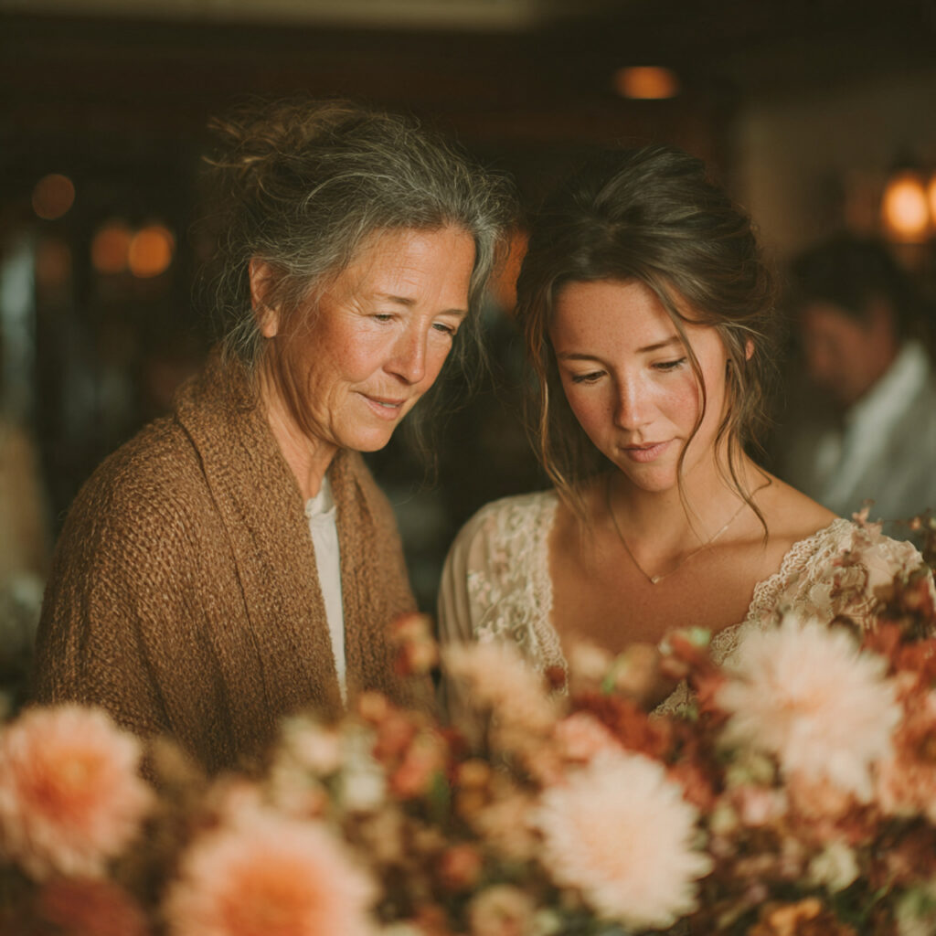 a mother quietly observing her daughter choosing