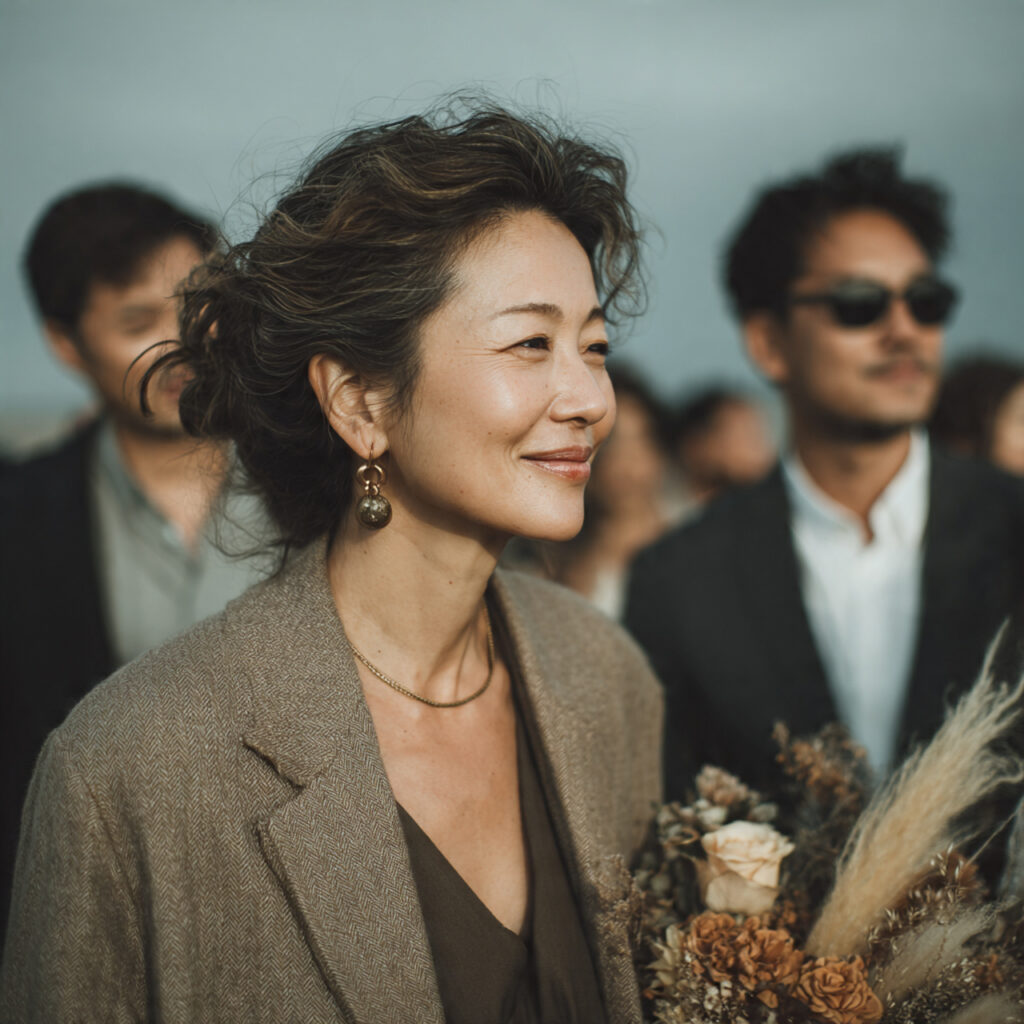 a mother standing patiently during family wedding