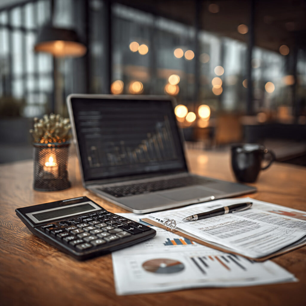 a planner calculating pricing with a laptop
