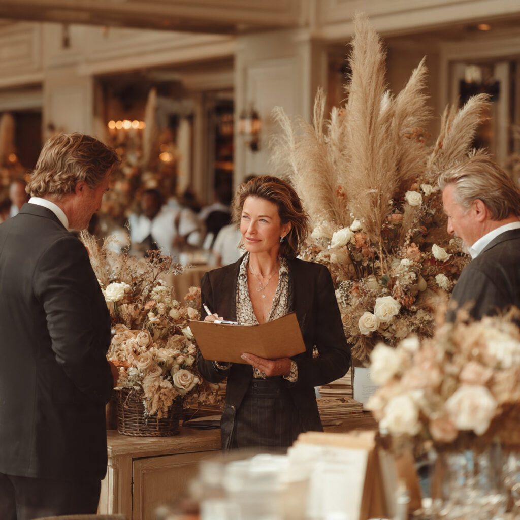 a professional wedding planner holding a clipboard