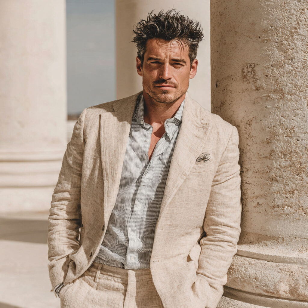 a relaxed groom wearing a beige blazer