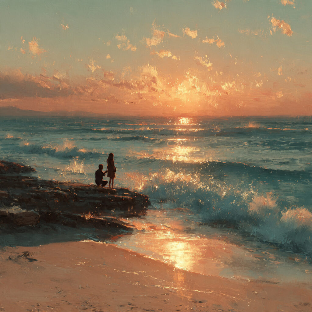a romantic beach proposal at sunset couple