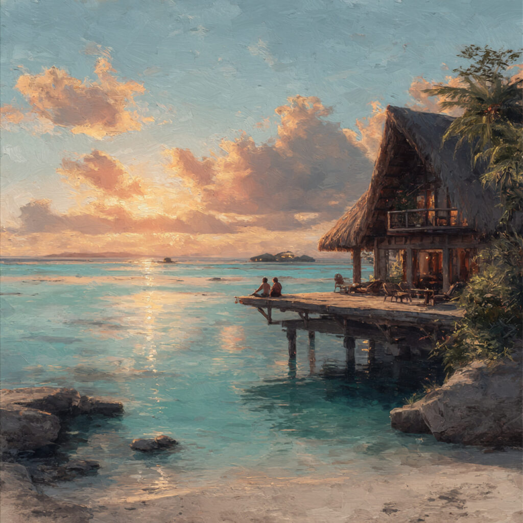 a romantic overwater bungalow above turquoise lagoon