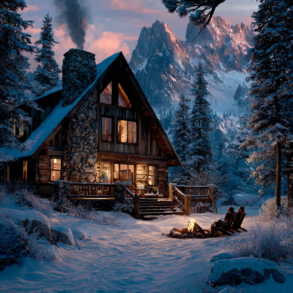 a rustic log cabin in snowy woods