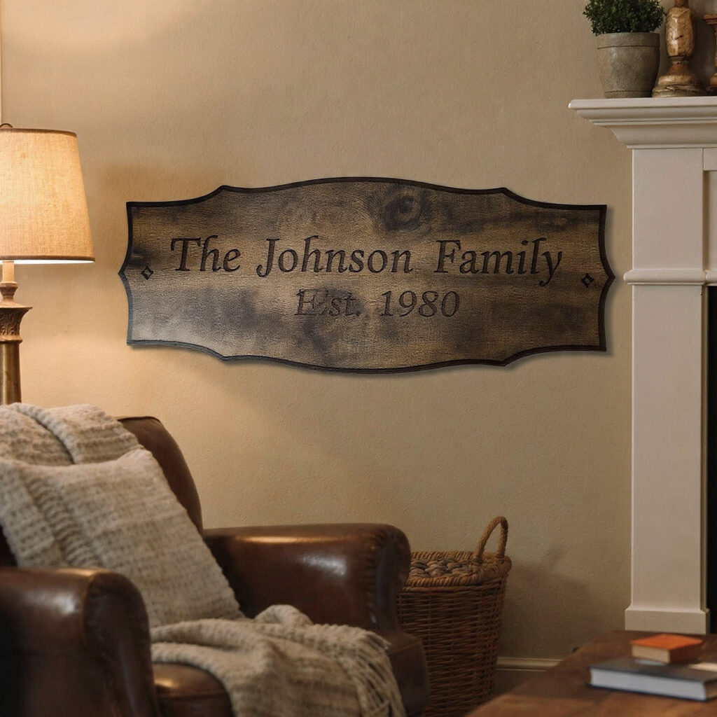 a rustic wooden wall plaque engraved with