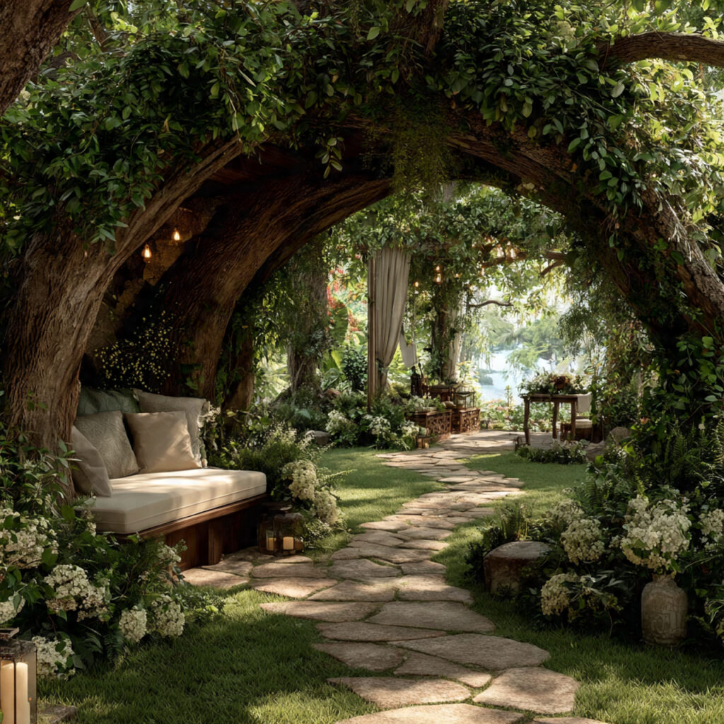 a serene outdoor wedding venue with a