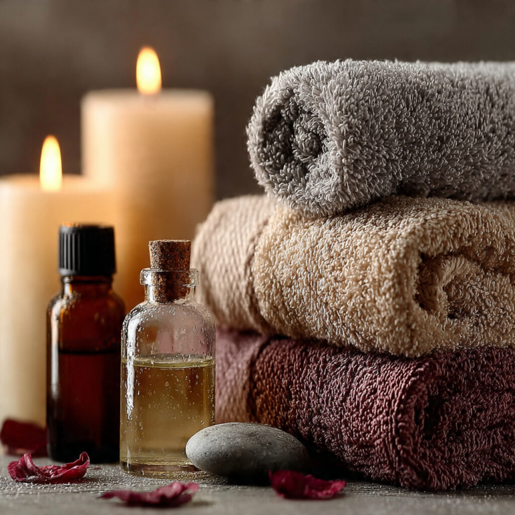 a serene spa setup with candles essential