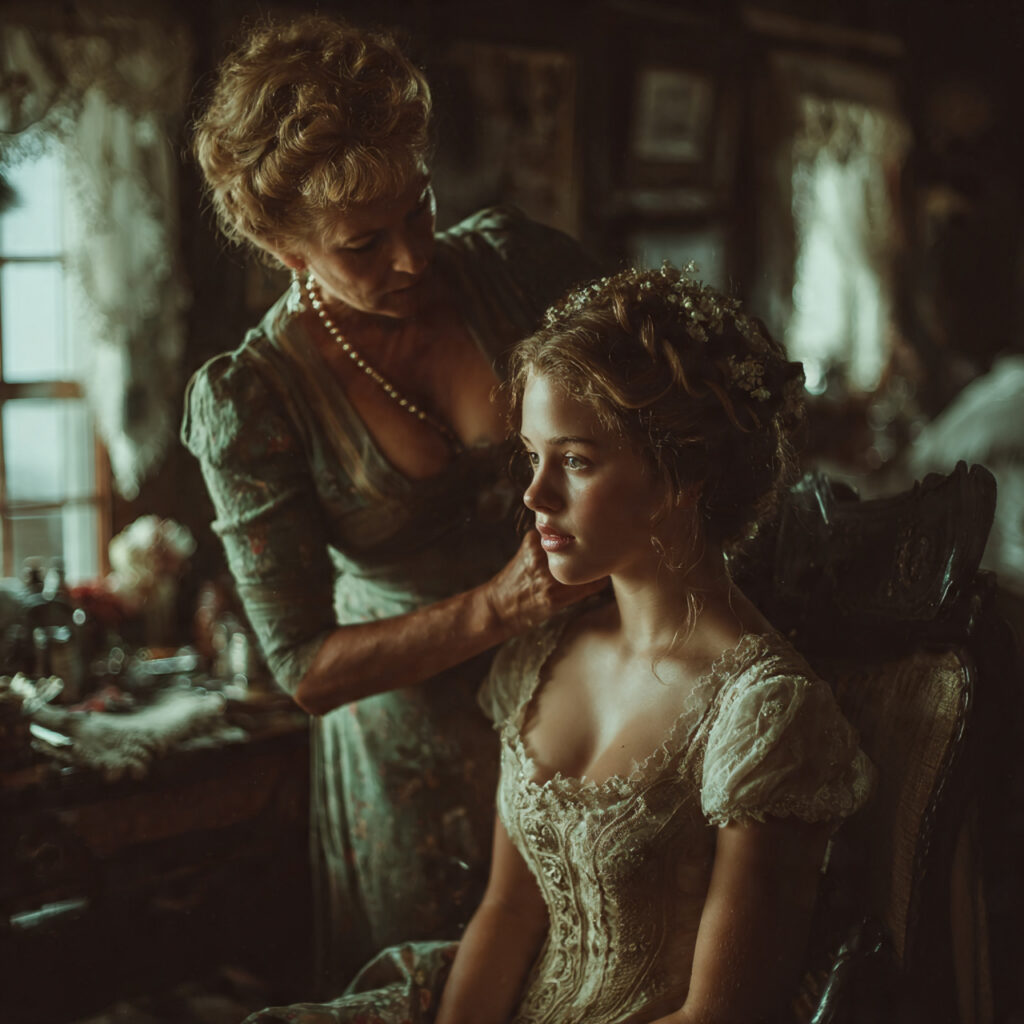 a serene wedding morning scene mother helping