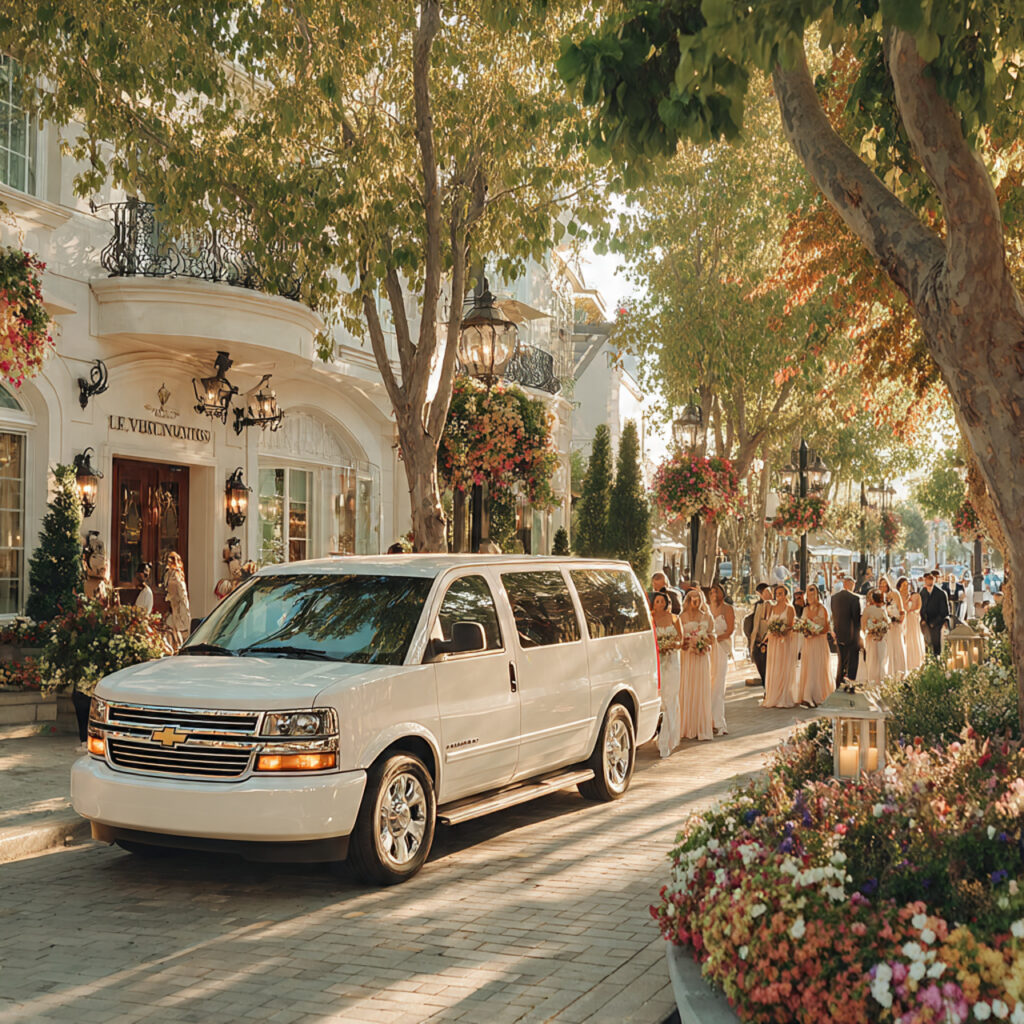 a sleek white luxury van parked outside